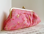 Pink silk clutch with lace overlay, pleated clutch purse in frame