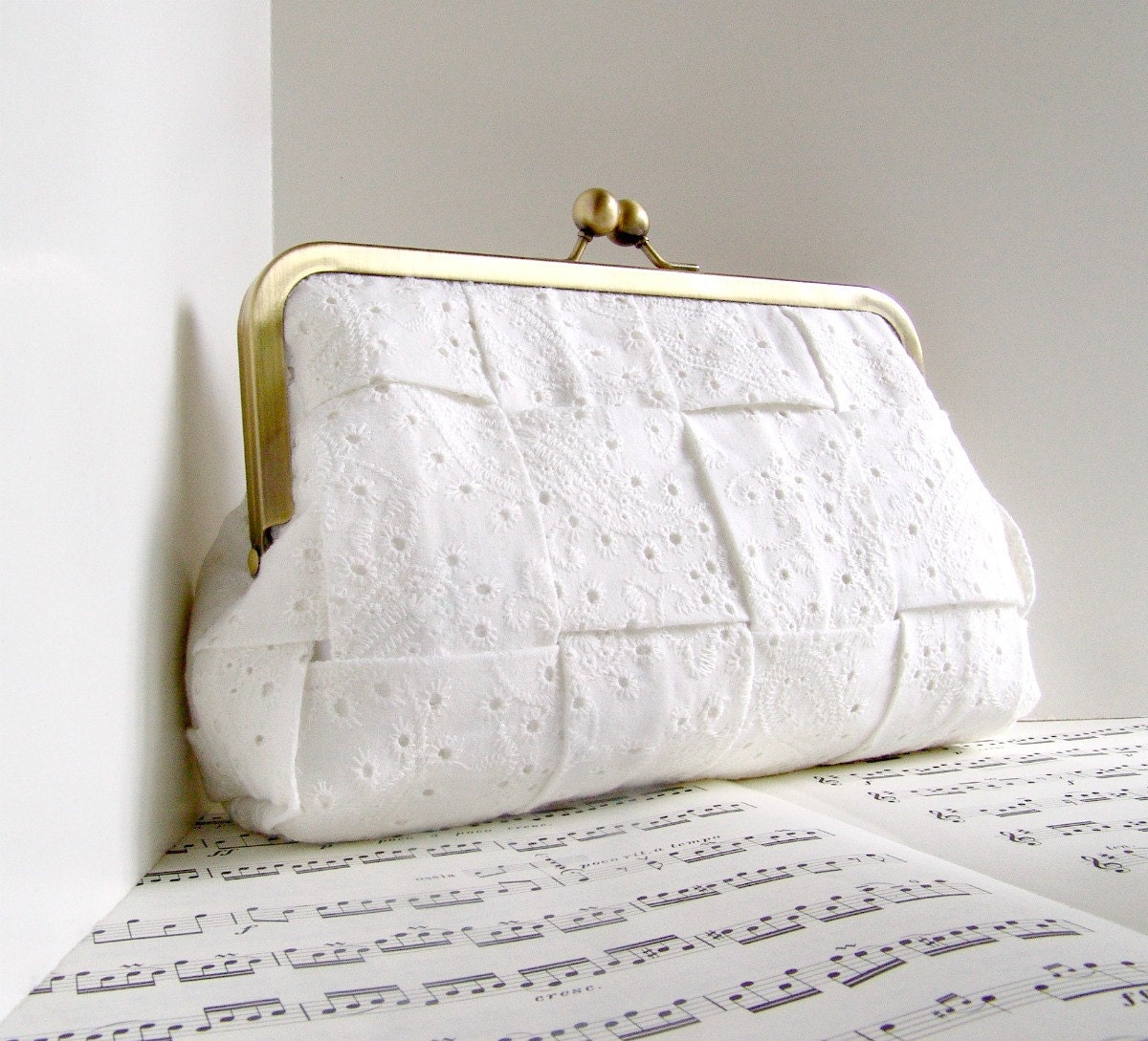 White clutch purse, cotton eyelet woven clutch bag, wedding fashion