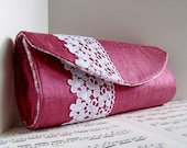 Rose pink silk clutch bag with white lace, Mauve formal clutch purse