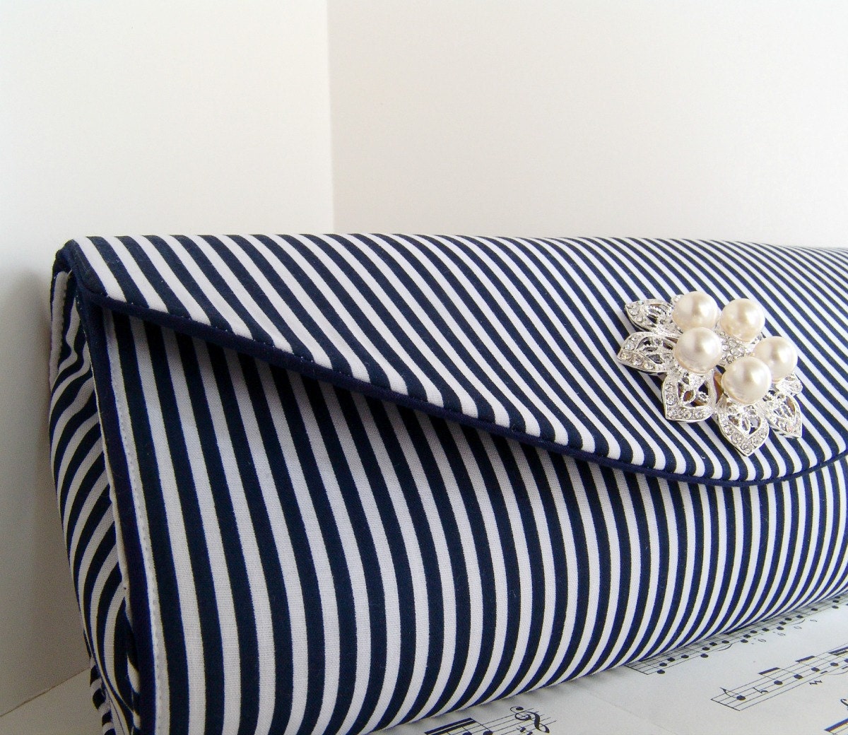 Nautical and pearl clutch bag. Blue and white stripe purse. Wedding clutch. Made to order