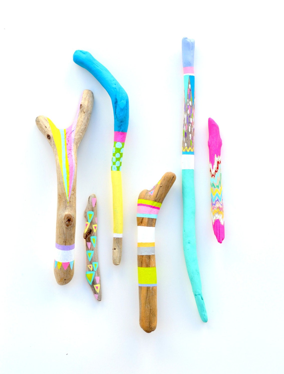 Painted Sticks - 6 Piece Collection, Tribal Geometry, Neon Triangles, Stripes, Chevron, Rainbow - Braid, Feather - Beach Decor, Driftwood