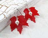 Canada Day Red Maple Leaf White Pearl Silver Earrings - beadedembellishments