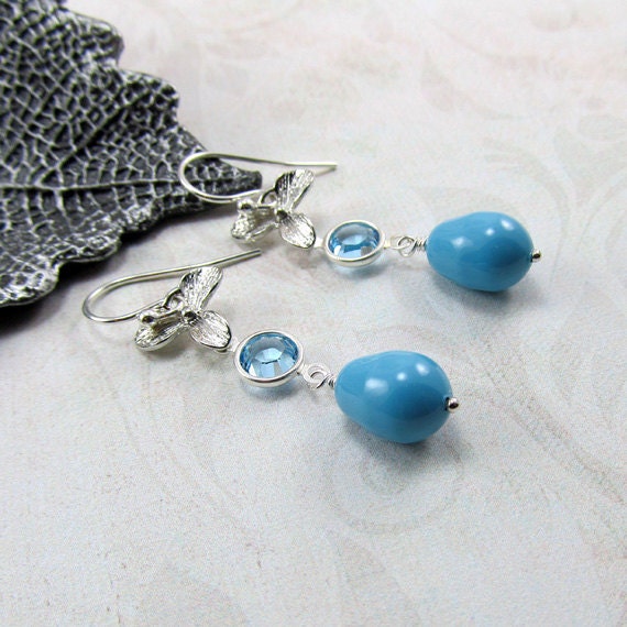 Aquamarine Crystal Turquoise Pearl Silver Orchid Dangle Earrings