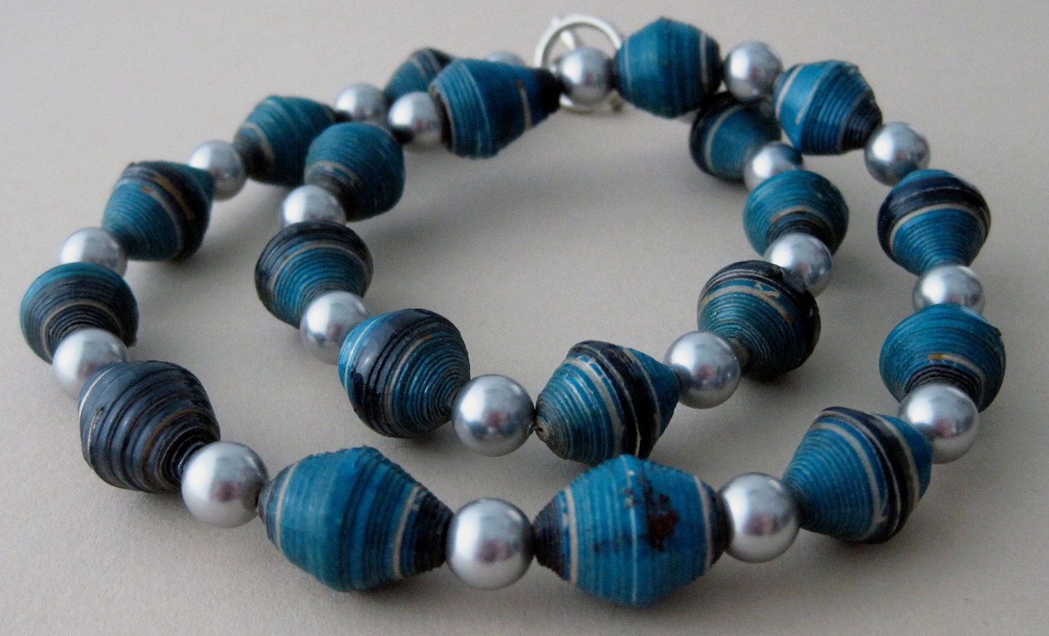 Turquoise Blue Recycled Paper and Swarovski Pearl Necklace