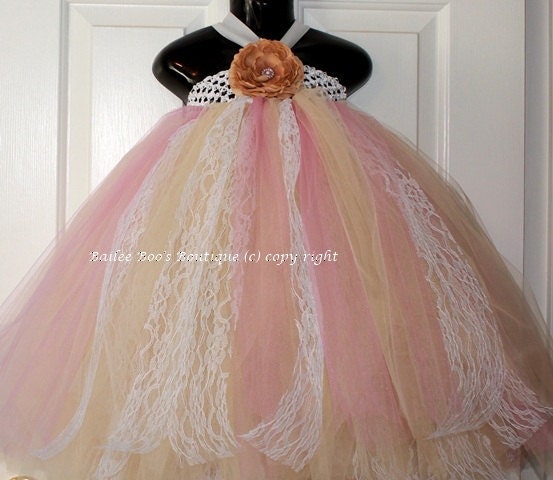 Beige Mauve Flower Girl Dress, Antique Tutu Dress, Birthday, Pageant 12 months to 2 Toddler