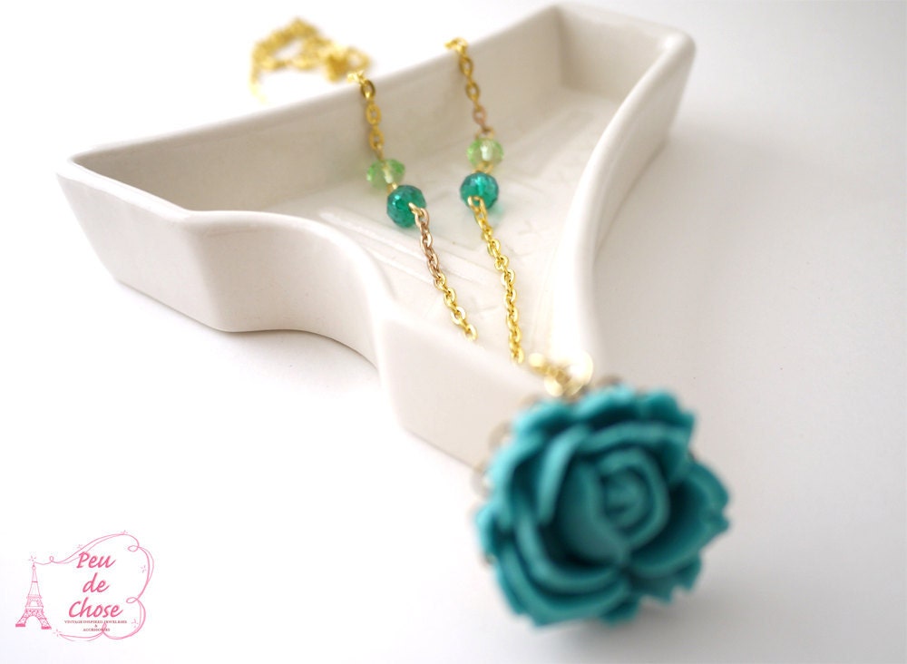 Tiffany Green Rose with Translucent Green Glass Beads Necklace