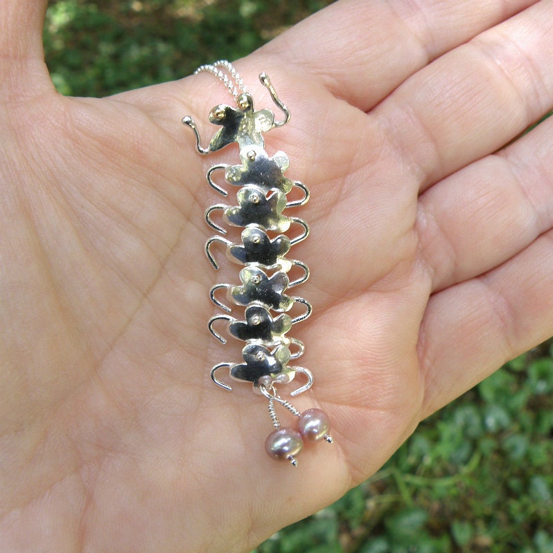 Flowers Caterpillar Sterling Silver Necklace with 14K Gold Eyes, Pink PearlsNecklace, Bug Pendant, Unique Flowers Necklace, Gift For Women