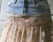 Romantique vintage lace jean skirt sheer delicate beige ecru boho chic feminine sexy bohemian altered Renaissance Denim Couture