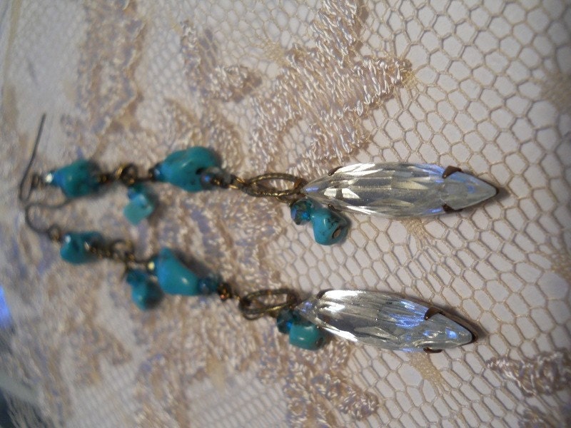 Turquoise et Diamants earrings genuine gemstone vintage rhinestone marquise jewels aqua crystals beachy bohemian sea goddess