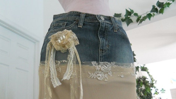 Michelle Ma Belle beige tulle vintage lace ruffled Renaissance Denim Couture bohemian jean skirt with rose and rhinestone brooch