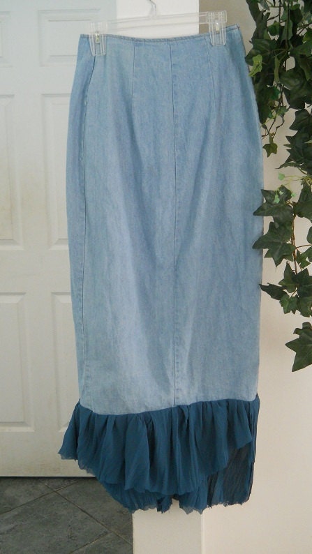 Cascade Bleue waterfall jean skirt teal silk cascading ruffle Renaissance Denim Couture turquoise blue bohemian sea goddess mermaid
