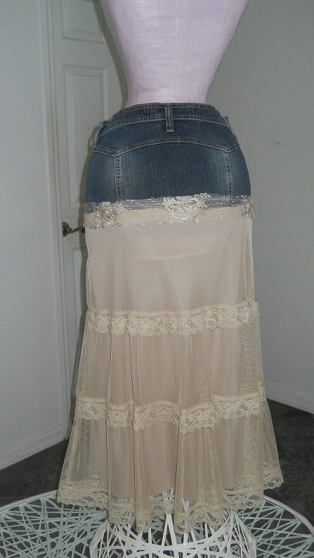 Michelle Ma Belle beige tulle vintage lace ruffled Renaissance Denim Couture bohemian jean skirt with rose and rhinestone brooch