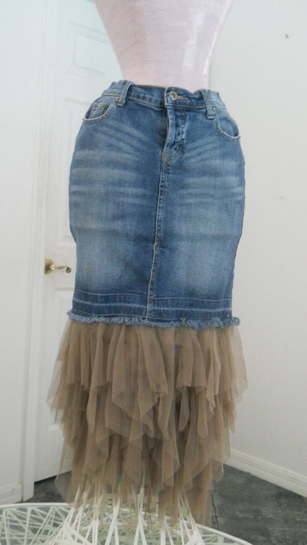 Petite Ballerine bohemian jean skirt taupe ruffled tulle ballerina mermaid faerie goddess Renaissance Denim Couture