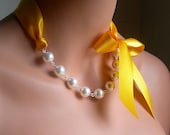 Pearl And Ribbon Necklace With Swarovski Crystal White Pearls And Yellow Satin Ribbon