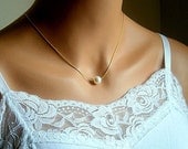Floating Pearl Necklace Bridal Jewelry In Gold Chain With 10MM White Swarovski Crystal Pearl 18 Inches