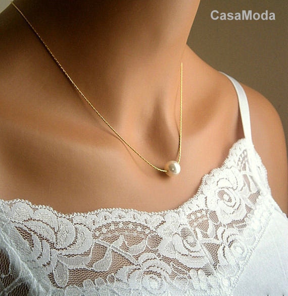 Floating Pearl Necklace In Gold Chain With 10MM Cream Swarovski Crystal Pearl 18 Inches