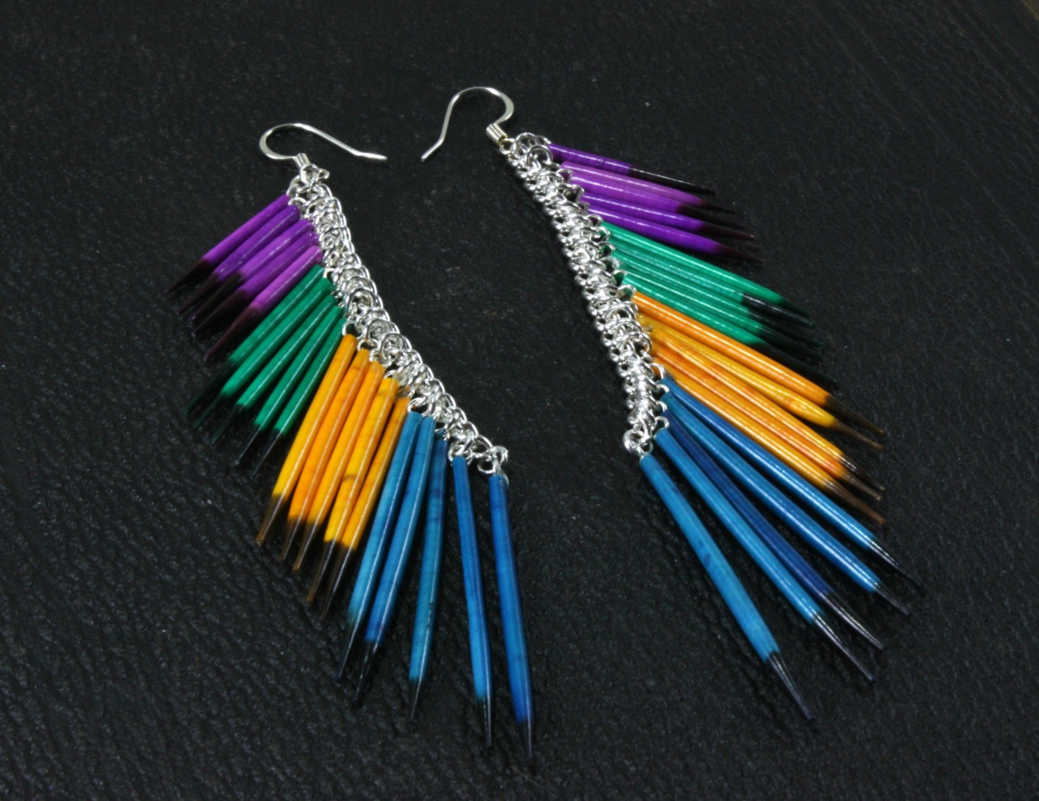 Boldy Barbed - Native American Porcupine Quill Earrings Purple Blue Green Yellow