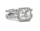 Asscher and round diamond engagement ring split shank 1.50ctw 18k