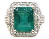 14k white gold green emerald and round cut diamonds ring art deco antique design 4.00ctw
