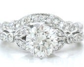 Round cut antique style diamond engagment ring and band 14k white gold 1.51ctw