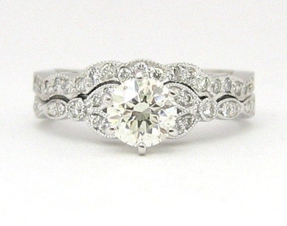 Round antique diamond engagement ring and band 18k 1.31ctw