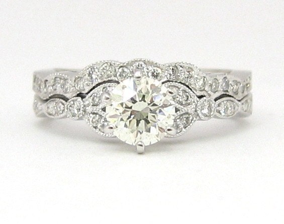 Round antique diamond engagement ring and band 18k 1.31ctw