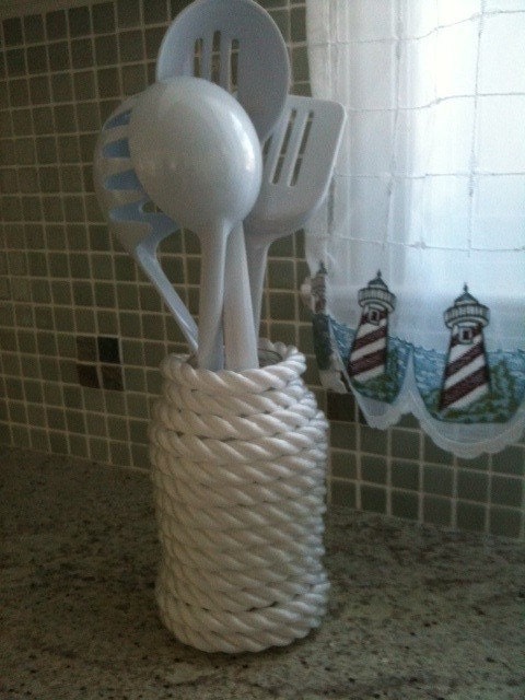 Nautical  White Rope Mason Jar Kitchen Utensil Holder