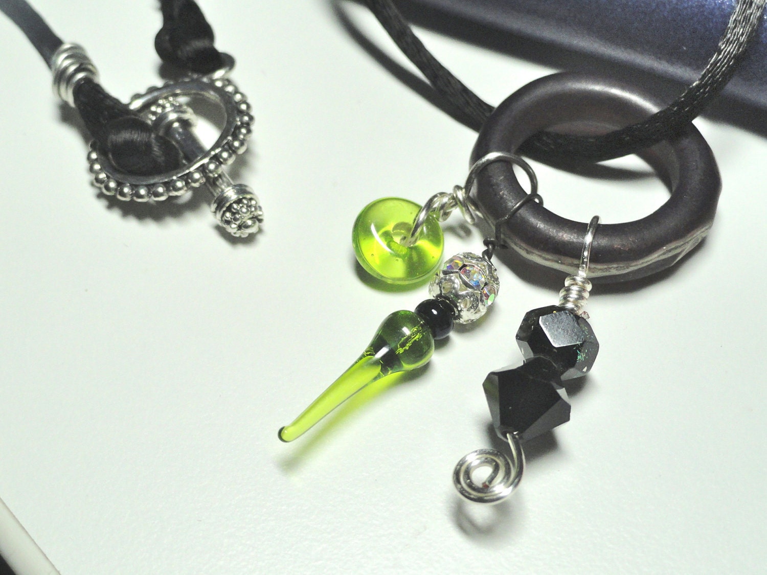 NightLights Lime and Black Lampwork Bead Swarovski Crystal Pendant on new Cord Necklace