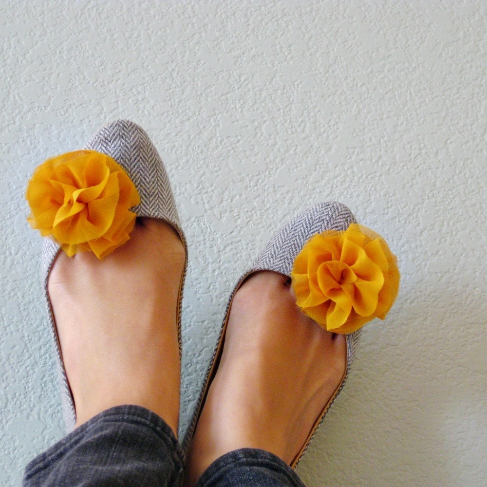 Fabric Flower Shoe Clips - Sunflower Yellow Chiffon