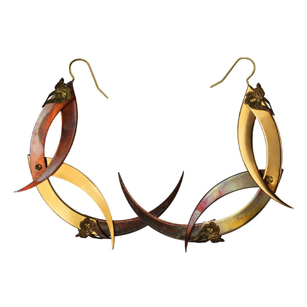 Unusual Colourful Metal Hoops - Thorn Crown Earrings - Free Shipping - 24K Gold Plated - Antiqued Copper Filigrees and Industrial Screws