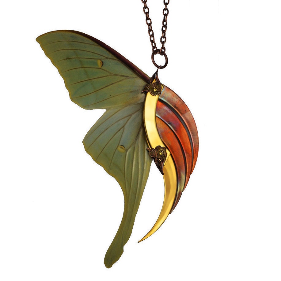 Statement Necklace - Stunning Blade Wing - 24K Gold Plated - One Of A Kind - Real Luna Moth Wings - Free Shipping