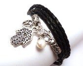 Black Braided Leather Charm Bracelet with Hamsa,yoga jewelrywrapped wrapping bracelet,wrapped, wrapping, wrap around,wrist wrap
