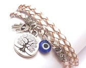 White Braided Leather Wrap Bracelet with Protection Charms,yoga jewelry, wrapped wrapping, wrap around,wrist wrap