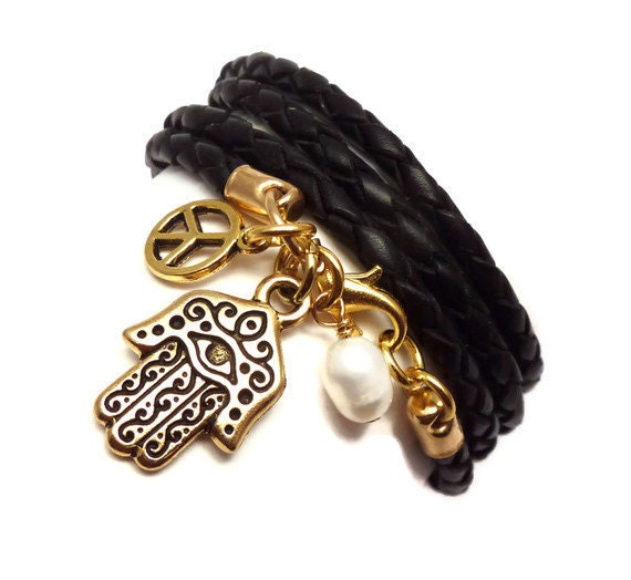 Black Braided Leather Charm Bracelet with Hamsa,yoga jewelry,wrapped, wrapping, wrap around,wrist wrap