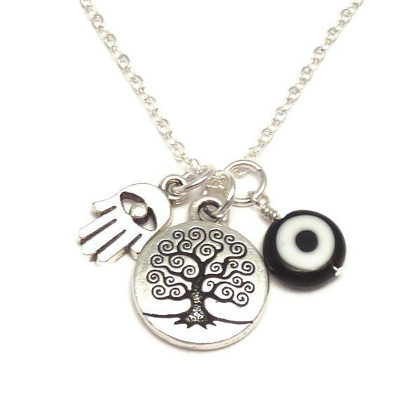 Protection Charm Necklace with Tree of Life, Hamsa, and Evil Eye