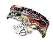 Japanese Wrap Bracelet with Lotus Flower Charm, Japanese Chirimen , yoga jewelry, wrapped wrapping bracelet, wrap around