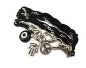 Wrap Charm Bracelet with Hamsa, Evil Eye, and Peace Sign,yoga jewelry,wrapped, wrapping,wrist wrap