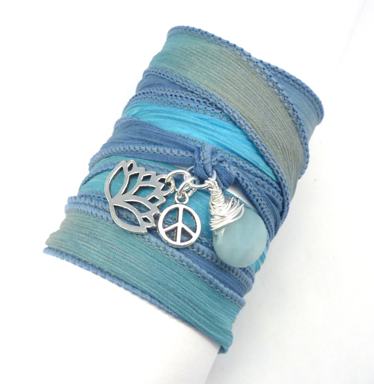 Silk Wrap Bracelet with Lotus Flower, Peace Sign, and Amazonite, yoga jewelry,wrapped, wrapping, wrap around,wrist wrap