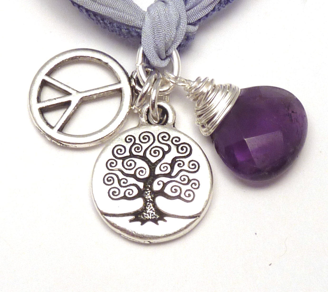 Silk Wrap Bracelet with Tree of Life, Peace Sign, and Amethyst, yoga jewelry, wrapped wrapping bracelet, wrap around,wrist wrap