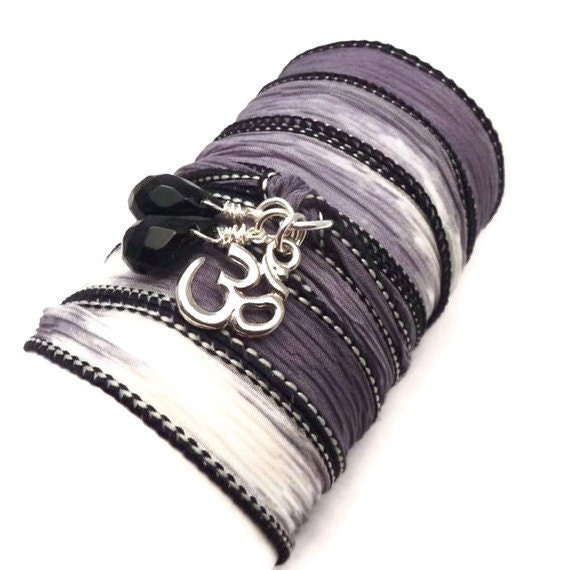 Silk Wrap Bracelet with Om Charm and Black Onyx, yoga jewelry, wrapped wrapping bracelet, wrap around,wrist wrap