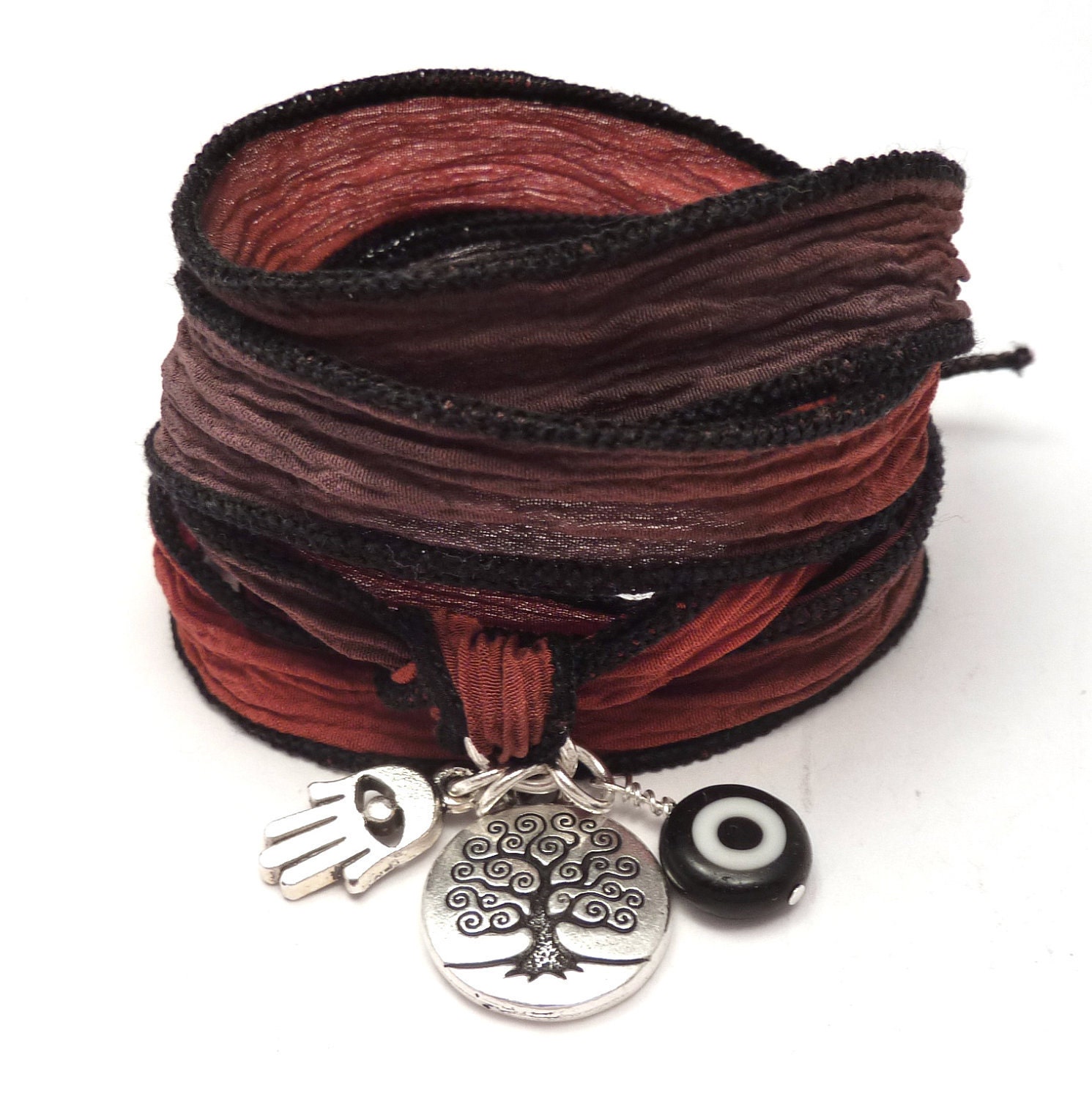 Silk Ribbon Wrap Bracelet with Protection Charms,yoga jewelry,wrapped, wrapping, wrap around,wrist wrap