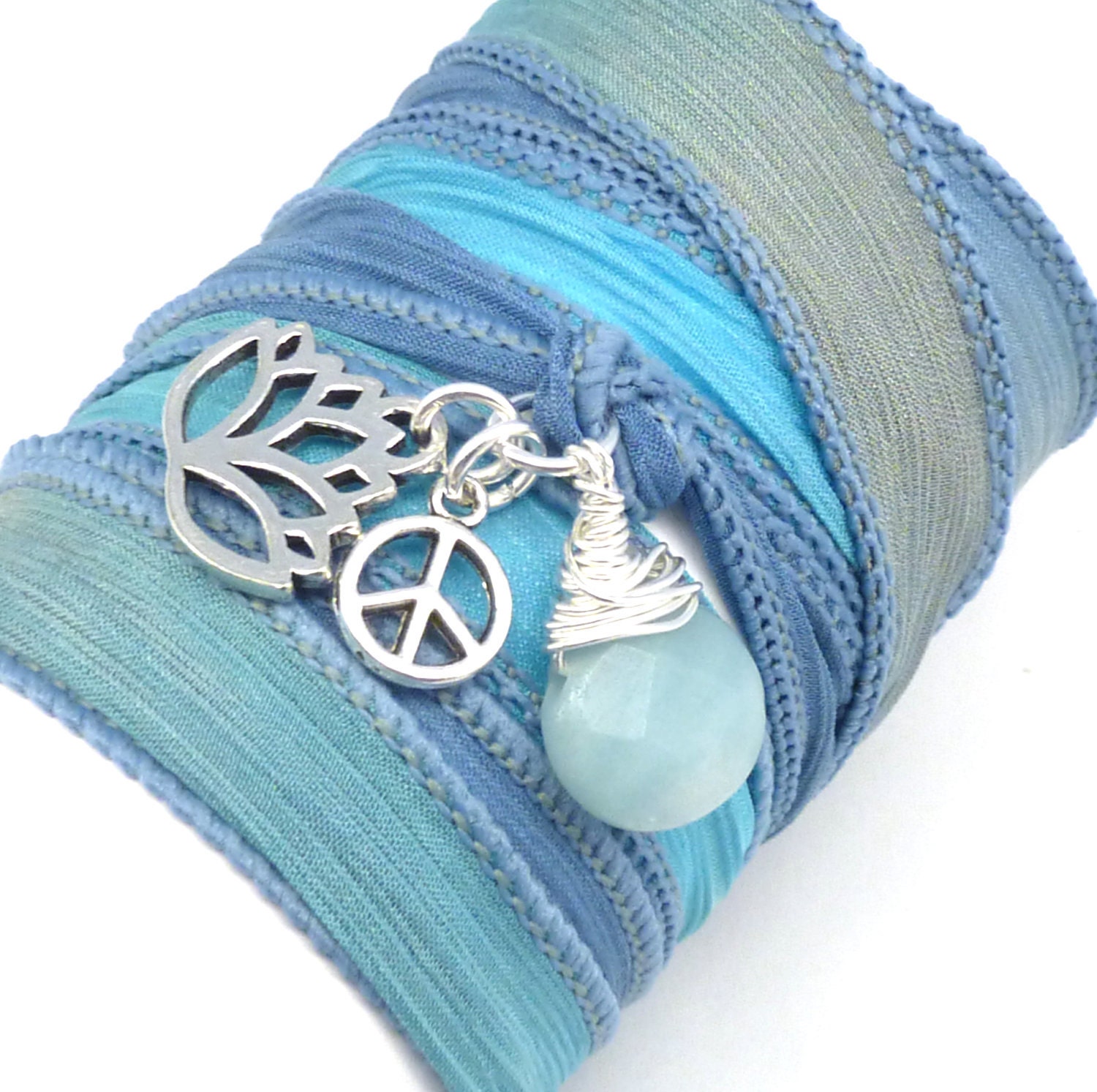 Silk Wrap Bracelet with Lotus Flower, Peace Sign, and Amazonite, yoga jewelry,wrapped, wrapping, wrap around,wrist wrap