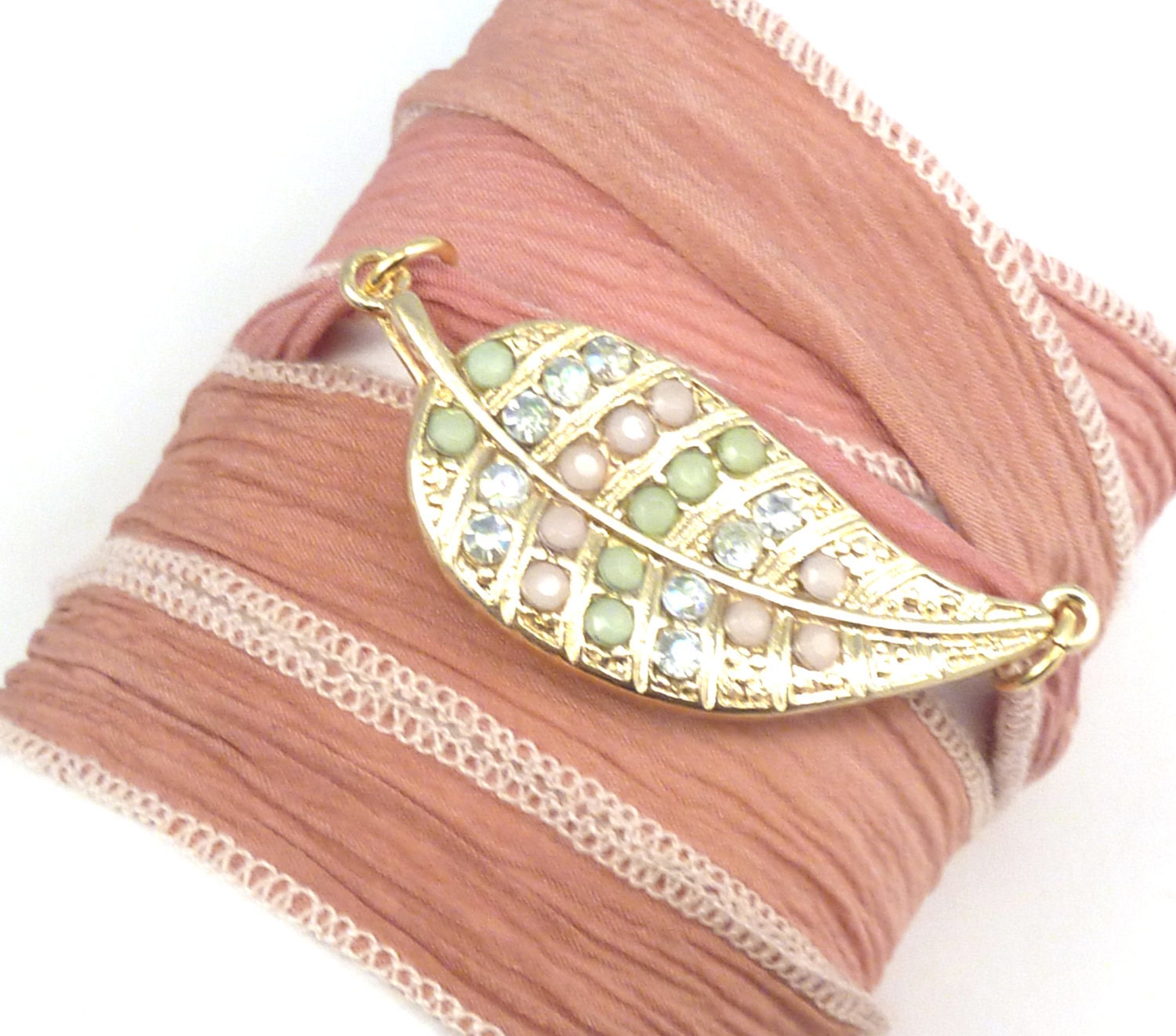 Silk Wrap Bracelet with Leaf Connector, yoga jewelry, wrapped wrapping bracelet, wrap around,wrist wrap