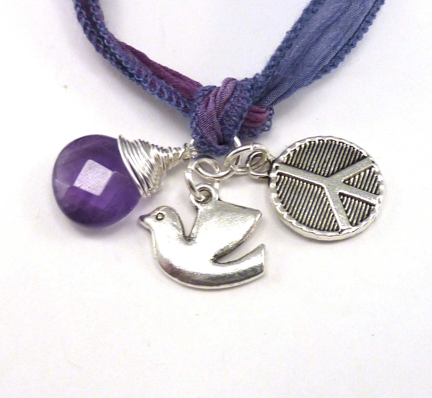 Hand Dyed Slk Ribbon Wrap Bracelet with Dove, Peace Sign, and Amethyst, yoga jewelry, wrapped wrapping bracelet, wrap around,wrist wrap