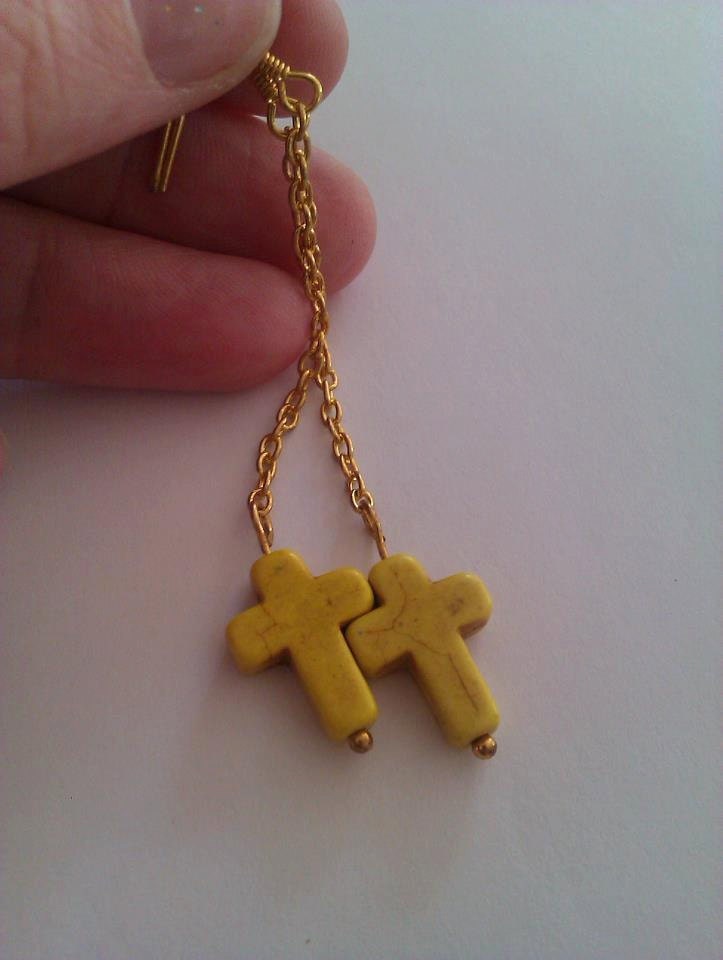 Long Gold Chain Dangle Yellow Howlite Cross Earrings