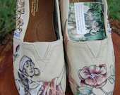 Custom hand painted TOMS, gypsy bride, black and white on natural canvas