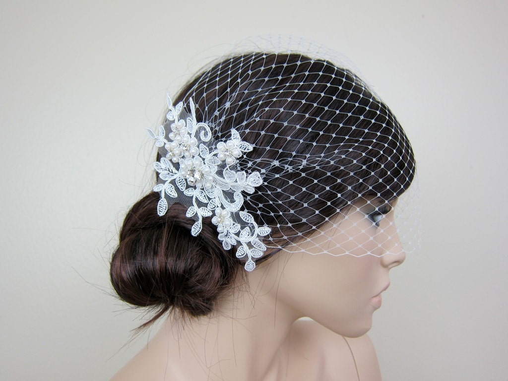 Wedding Veil - Ivory blusher birdcage veil with alencon lace
