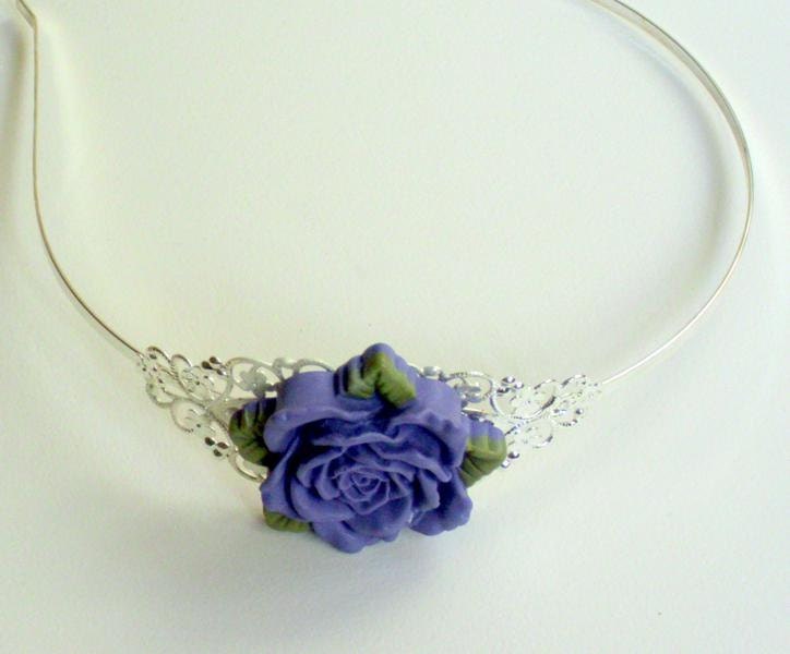 Silver plated headband with purple  resin rose with leaves  cabochon