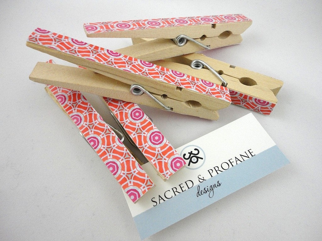 Pegs Orange Pink Clothespins Set of Five - Wedding Decor, Organizer
