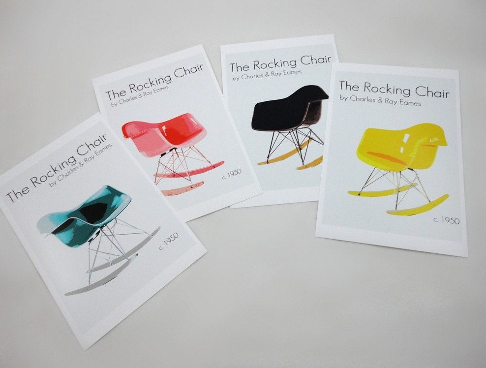 Four PrintsThe Eames Rocking Chair by Charles and Ray Eames in Yellow, Pink, Black and Turquoise - 4 x 6 inches